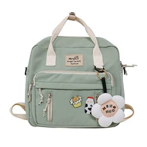 kawaii backpack with bear pendant, aesthetic canvas students schoolbag shoulder tote bag casual daypack back to school (green) large