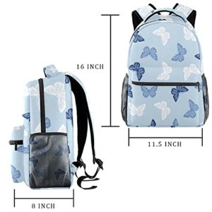 Niaocpwy School Backpacks Blue Pattern Butterflies Elementary Students Bookbags With Water Bottle Pocket