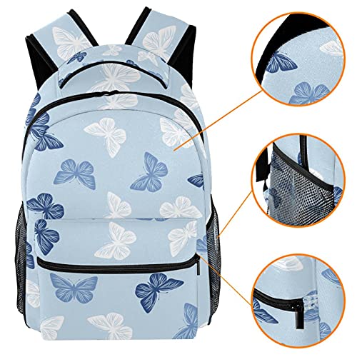 Niaocpwy School Backpacks Blue Pattern Butterflies Elementary Students Bookbags With Water Bottle Pocket