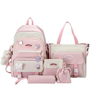 5pcs backpacks set bear pendant pins kawaii japanese daypack back to school supplies tote shoulder bag front pocket pouch (pink,unisex-adult,one size)