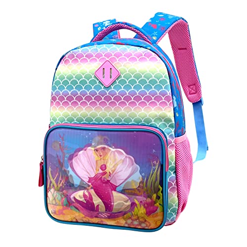 Mermaid Backpack for Girls 15 Inch with Shells Pearl Mirage Effect Changeable Lenticular Pictures Hologram 4-10 Age School Backpack for Preschool Early Elementary Kindergarten with Chest Straps