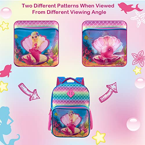 Mermaid Backpack for Girls 15 Inch with Shells Pearl Mirage Effect Changeable Lenticular Pictures Hologram 4-10 Age School Backpack for Preschool Early Elementary Kindergarten with Chest Straps