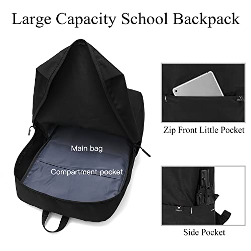Lightweight School Backpack, Casual Daypack Travel Padded Backpack Waterproof Bookbag with Pockets, 16.5 inch, Black