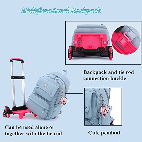 LANSHIYA Solid Color Girls Rolling Backpack with Wheels Schoolbag Elementary School Student Trolley Daypack Outdoor Travel bag
