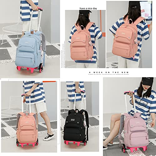 LANSHIYA Solid Color Girls Rolling Backpack with Wheels Schoolbag Elementary School Student Trolley Daypack Outdoor Travel bag