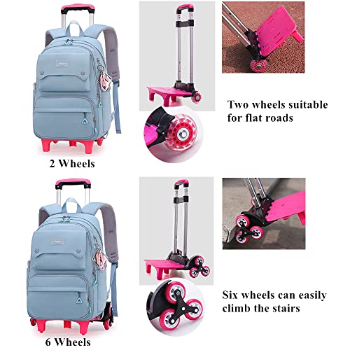 LANSHIYA Solid Color Girls Rolling Backpack with Wheels Schoolbag Elementary School Student Trolley Daypack Outdoor Travel bag