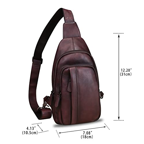 Genuine Leather Sling Bag Crossbody Casual Hiking Daypack Vintage Handmade Chest Shoulder Backpack Motorcycle Cycling Purse (Coffee)