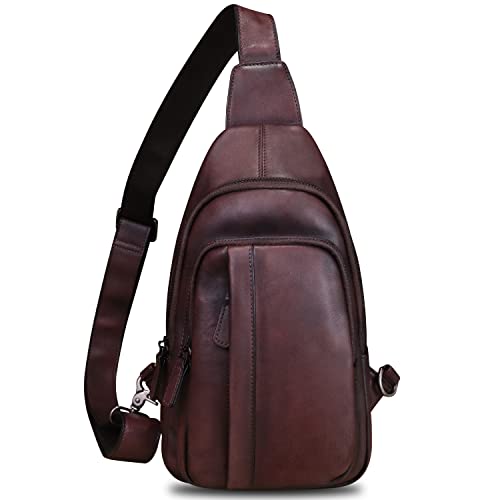 Genuine Leather Sling Bag Crossbody Casual Hiking Daypack Vintage Handmade Chest Shoulder Backpack Motorcycle Cycling Purse (Coffee)