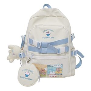 aesthetic backpack with purse and plushies cute kawaii backpack with accessories japanese backpack for school teen girls (beige light blue)