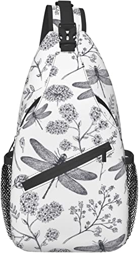 Sling Bag Dragonfly Botanical Flower Hand Drawn Hiking Daypack Crossbody Shoulder Backpack Travel Chest Pack for Men Women