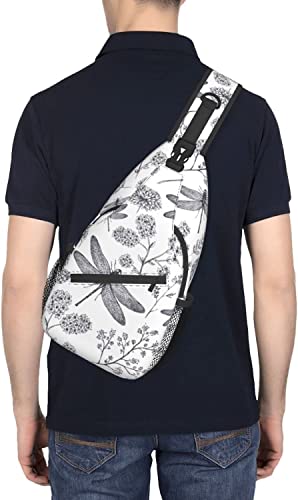 Sling Bag Dragonfly Botanical Flower Hand Drawn Hiking Daypack Crossbody Shoulder Backpack Travel Chest Pack for Men Women