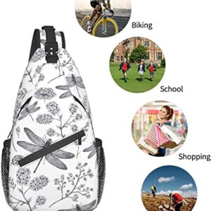 Sling Bag Dragonfly Botanical Flower Hand Drawn Hiking Daypack Crossbody Shoulder Backpack Travel Chest Pack for Men Women