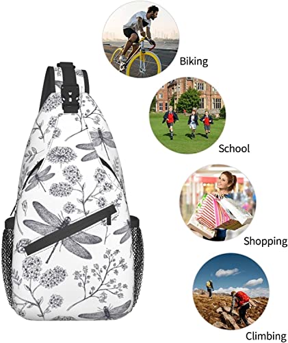 Sling Bag Dragonfly Botanical Flower Hand Drawn Hiking Daypack Crossbody Shoulder Backpack Travel Chest Pack for Men Women