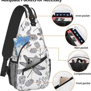 Sling Bag Dragonfly Botanical Flower Hand Drawn Hiking Daypack Crossbody Shoulder Backpack Travel Chest Pack for Men Women