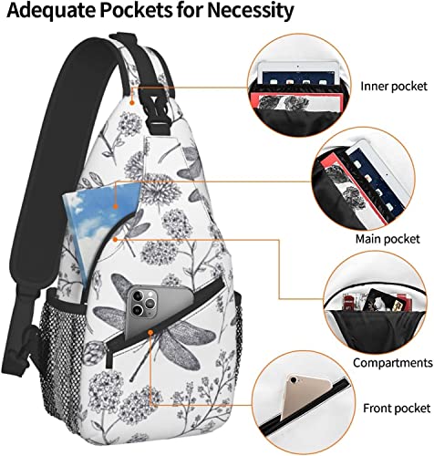 Sling Bag Dragonfly Botanical Flower Hand Drawn Hiking Daypack Crossbody Shoulder Backpack Travel Chest Pack for Men Women