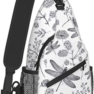 Sling Bag Dragonfly Botanical Flower Hand Drawn Hiking Daypack Crossbody Shoulder Backpack Travel Chest Pack for Men Women