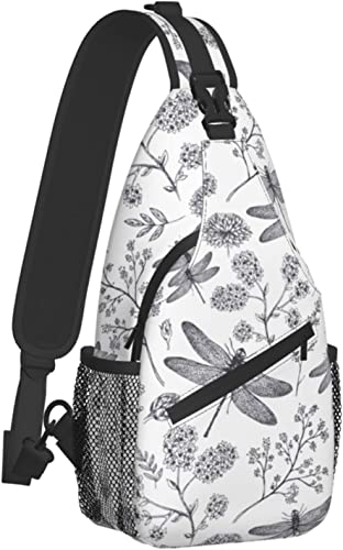 Sling Bag Dragonfly Botanical Flower Hand Drawn Hiking Daypack Crossbody Shoulder Backpack Travel Chest Pack for Men Women