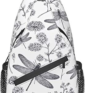 Sling Bag Dragonfly Botanical Flower Hand Drawn Hiking Daypack Crossbody Shoulder Backpack Travel Chest Pack for Men Women