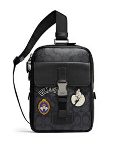 coach track pack fashion backpack daypack in signature canvas leather (qb/charcoal/black multi with patches – villains)