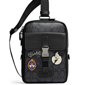 COACH Track Pack Fashion Backpack Daypack In Signature Canvas Leather (QB/Charcoal/Black Multi With Patches - Villains)