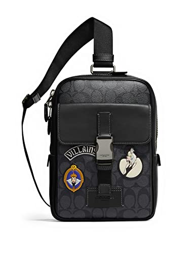 COACH Track Pack Fashion Backpack Daypack In Signature Canvas Leather (QB/Charcoal/Black Multi With Patches - Villains)