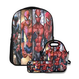 uiwuqh 3pcs superhero backpack school bag bookbag spider 17 inch with lunch bag tote and pencil case box pouch for boys girls