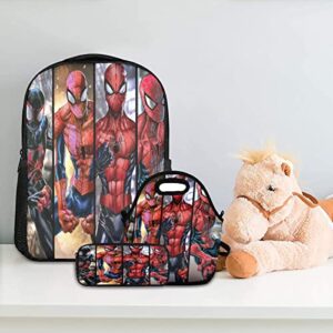 Uiwuqh 3PCS Superhero Backpack School Bag Bookbag Spider 17 Inch with Lunch Bag Tote and Pencil Case Box Pouch for Boys Girls