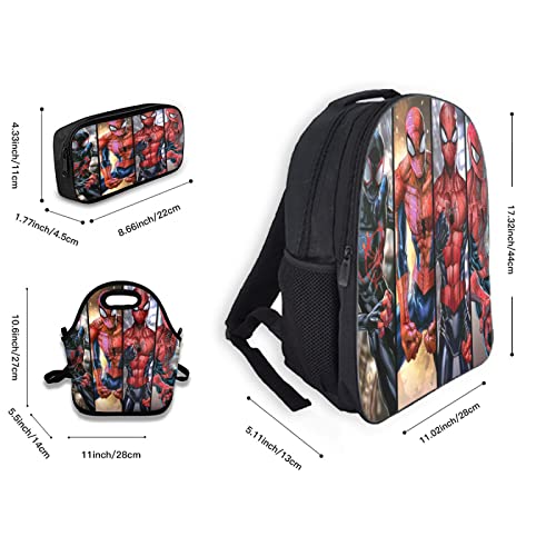 Uiwuqh 3PCS Superhero Backpack School Bag Bookbag Spider 17 Inch with Lunch Bag Tote and Pencil Case Box Pouch for Boys Girls