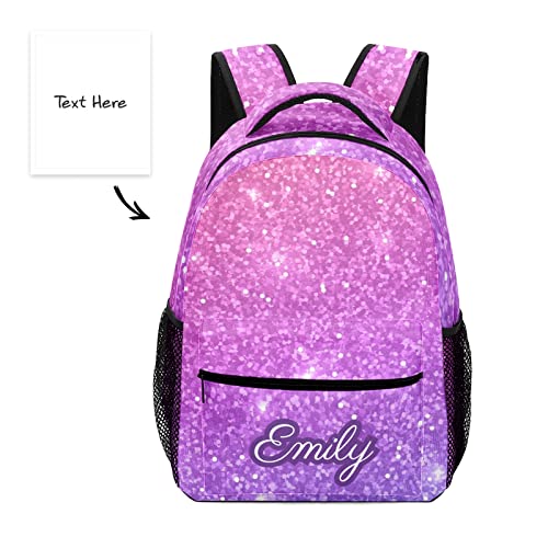 NZOOHY Pink Violet Glitter Custom Kids Backpack 16.5 Inch for Boy Girl, Personalized Waterproof Child School Travel Bag with Name, 16.5 inch X 12.2 inch X 5.9 inch