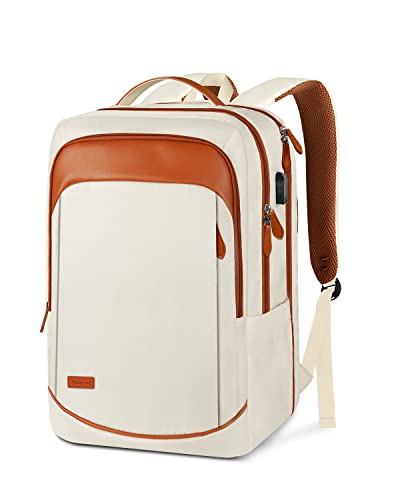 17 inch Travel Laptop Backpack for Women, TSA Friendly 40L Large Computer Backpack with USB Charging Port, Anti Theft Business Backpack Waterproof Carry on Daypack School College Bookbag, Beige