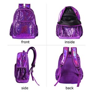 Fermido Sequin School Backpack for Girls Kids Cute Elementary Book Bag Teen Glitter Flip Sparkly Holographic Purple Back Pack One_Size