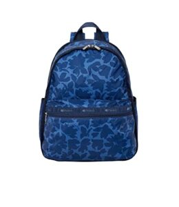 lesportsac flower petals basic backpack/rucksack, style 7812/color f976, navy blue flower petals artfully arranged in modern abstract style design, slate blue bag