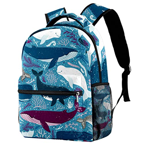 Ocean Whale Blue Large Backpack for Boys Girls SchoolBag with Multiple Pockets Canvas