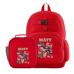 let’s make memories red backpack collection – personalized back to school supplies – book bag with lunchbox – red camo design
