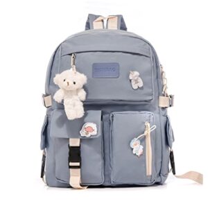 kawaii kids backpacks for girls with cute bear accessories, teen laptop backpack for back to school supplies student bookbag(blue)