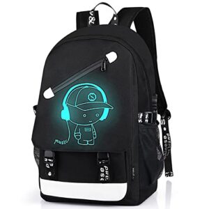 fewofj school backpack for boys, cartoon luminous bookbag 15.6inch laptop bag with usb charging port – music black