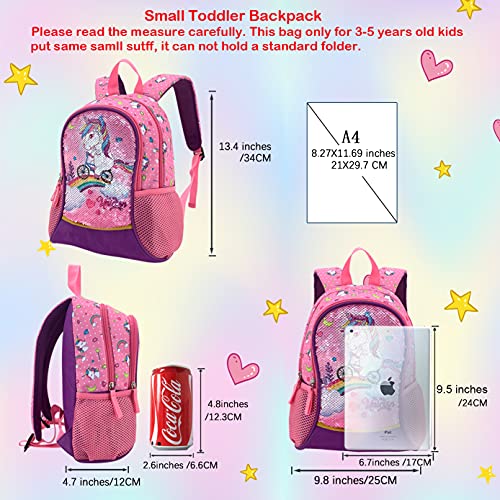 HAPPYSUNNY Toddler Backpack Reversible Sequin 13 Inch Lightweight for Preschool and Kindergarten Children, Kid Backpack, Mini School Bag Bookbag for 3-5 Years Girls