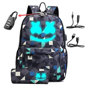 sewkilnm smile luminous laptop backpack with usb charger port, dj music backpack school backpack, birthday gifts for teens and adult