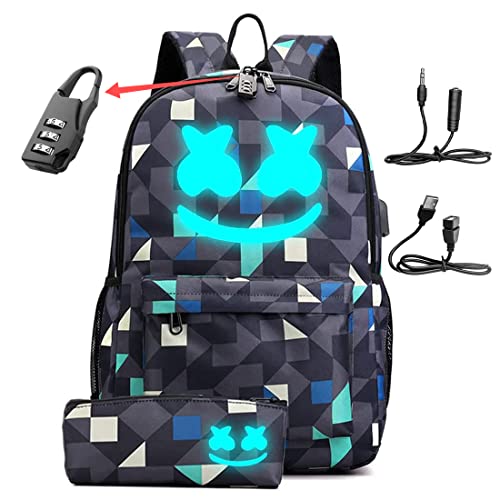 SEWKILNM Smile Luminous Laptop Backpack with USB Charger Port, DJ Music Backpack School Backpack, Birthday Gifts for Teens and Adult