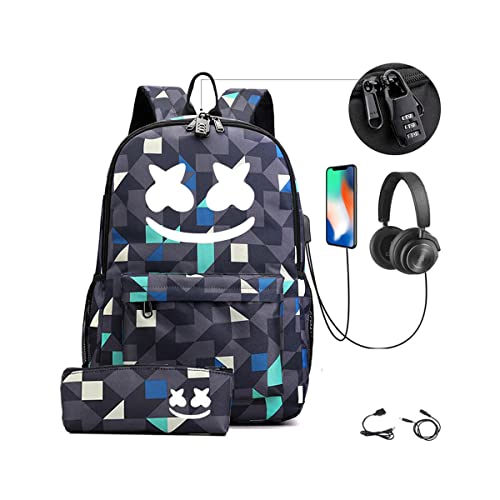 SEWKILNM Smile Luminous Laptop Backpack with USB Charger Port, DJ Music Backpack School Backpack, Birthday Gifts for Teens and Adult