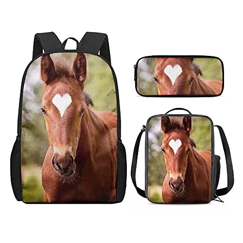 Beauty Collector Horse Personalized Backpack 17 Inch Bookbags Vintage with Lunchbag and Pencil Case