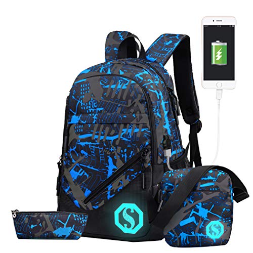 JiaYou Boy Girl Unisex 20L Fashion School Bag Backpack with Florescent Mark 3 Sets/2 Sets (20L, USB ColorG 3 Sets)