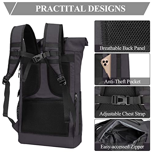 Kasqo Laptop Backpack for Men, 17 Inch Rolltop Large Capacity Water Resistant School College Travel Bookbag Casual Daypack, Dark Grey