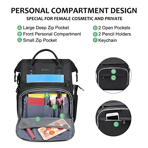 Intrbleu Laptop Backpack Women Teacher Backpack Nurse Bags, 17 Inch Work Backpack Womens Fashion Backpack Purse Waterproof Travel Backpack, Anti-theft, Luggage Strap, USB Charging Port (Black)