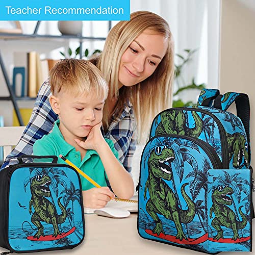 gxtvo 3PCS Dinosaur Backpack Boys, 16" Kids Preschool Elementary Dino Bookbag and Lunch Box