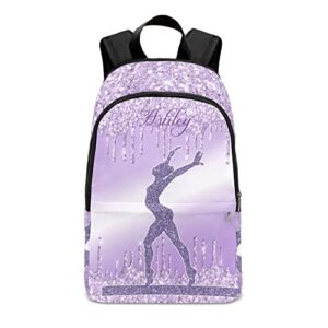 personalized name violet purple glitter print girls gymnastics backpack unisex bookbag for boy girl travel daypack bag purse 17.7 in