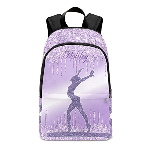 Personalized Name Violet Purple Glitter Print Girls Gymnastics Backpack Unisex Bookbag for Boy Girl Travel Daypack Bag Purse 17.7 IN