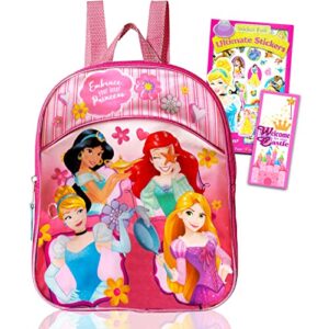 walt disney studio disney princess mini backpack for girls, kids ~ 3 pc school supplies bundle with 11” small princess school bag, stickers, and door hanger (disney princess mini bag)