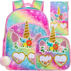 ZLYERT 3PCS Unicorn Backpack for Girls, Sequin Bookbag for Elementary Preschool Students, 16" Kids Backpacks with Lunch Box for Girl - Pink