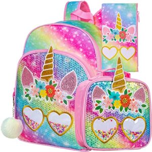 zlyert 3pcs unicorn backpack for girls, sequin bookbag for elementary preschool students, 16″ kids backpacks with lunch box for girl – pink
